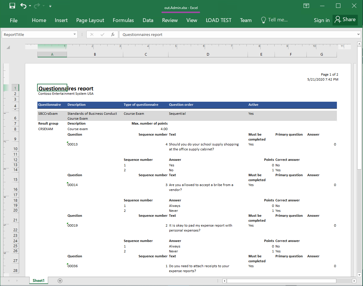 Esempio di un report generato in formato Excel, pagina 1.