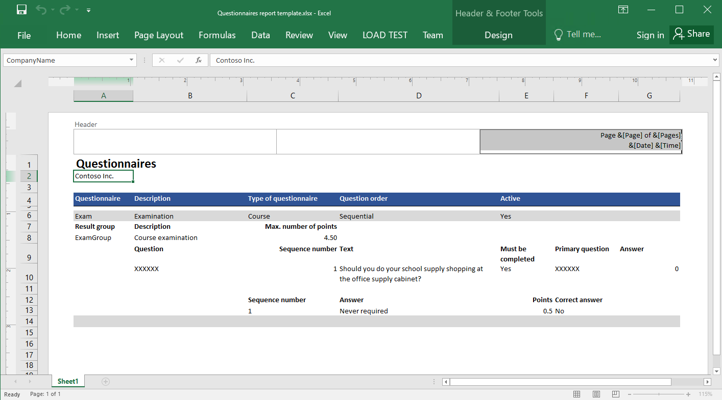 Intestazione report personalizzata nel modello Excel fornito.