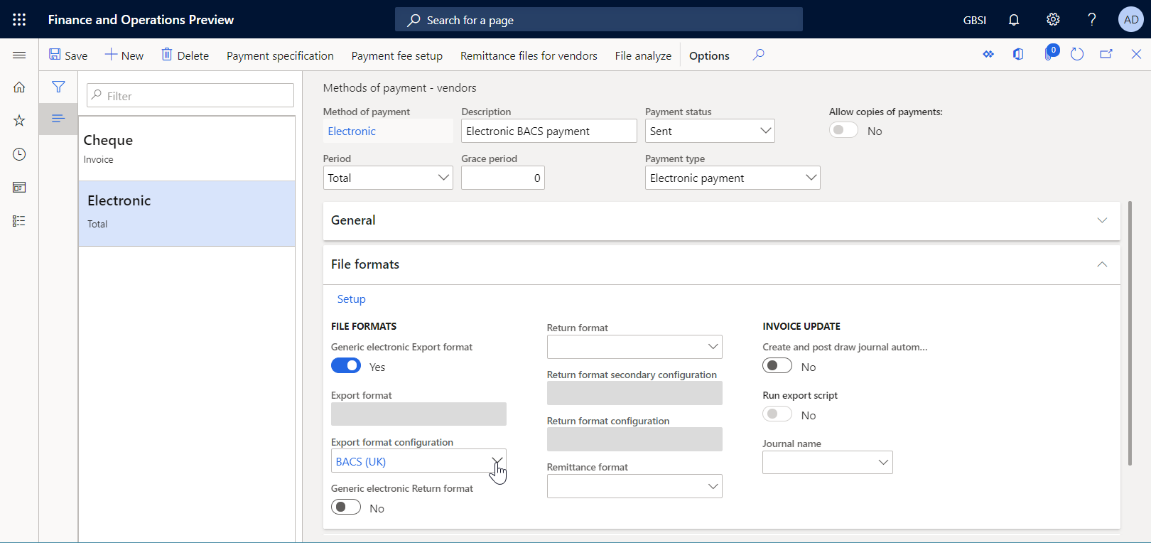 Metodi di pagamento: pagina dei fornitori per impostare il metodo di pagamento elettronico per elaborare i pagamenti dei fornitori utilizzando un formato standard.