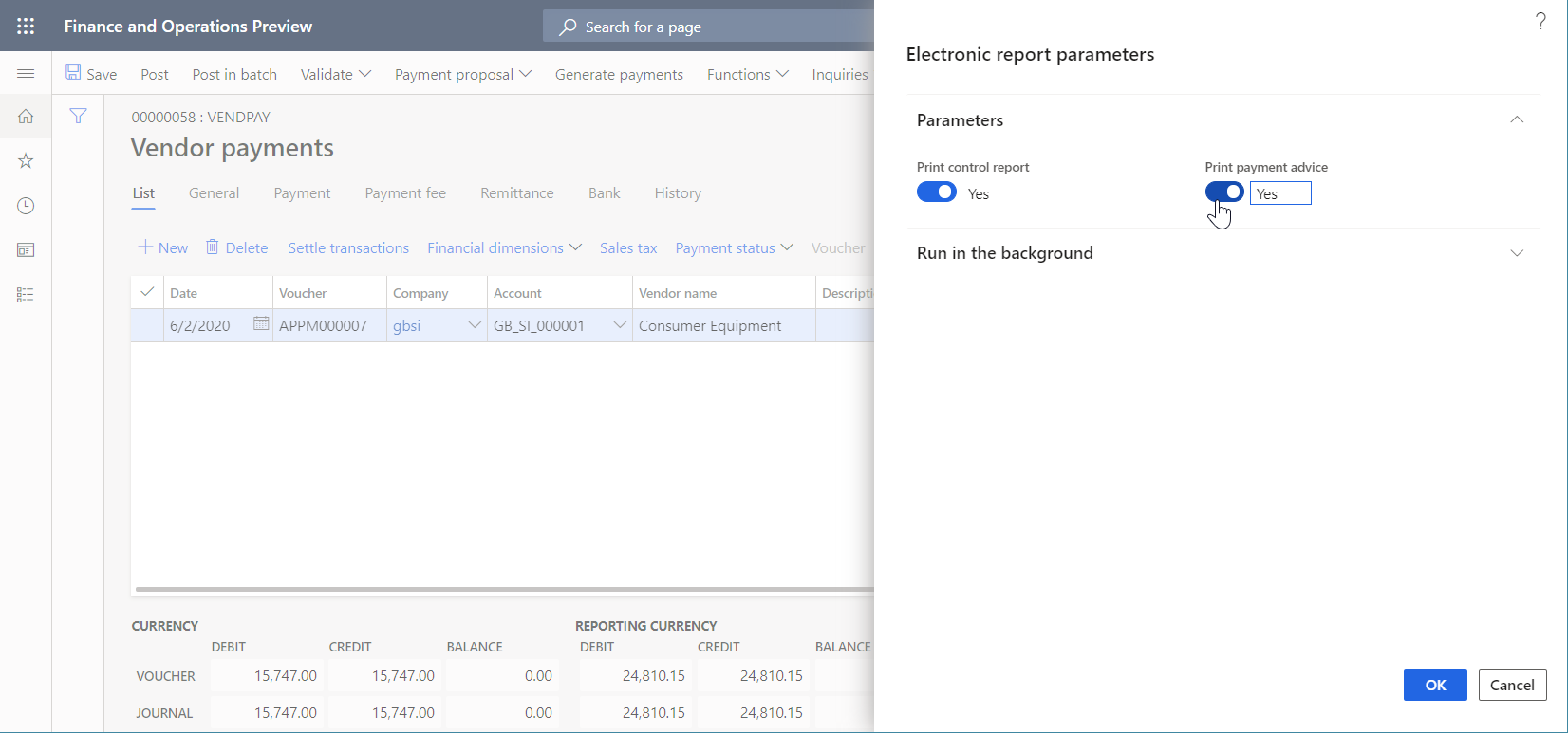 Finestra di dialogo parametri Creazione di report elettronici.