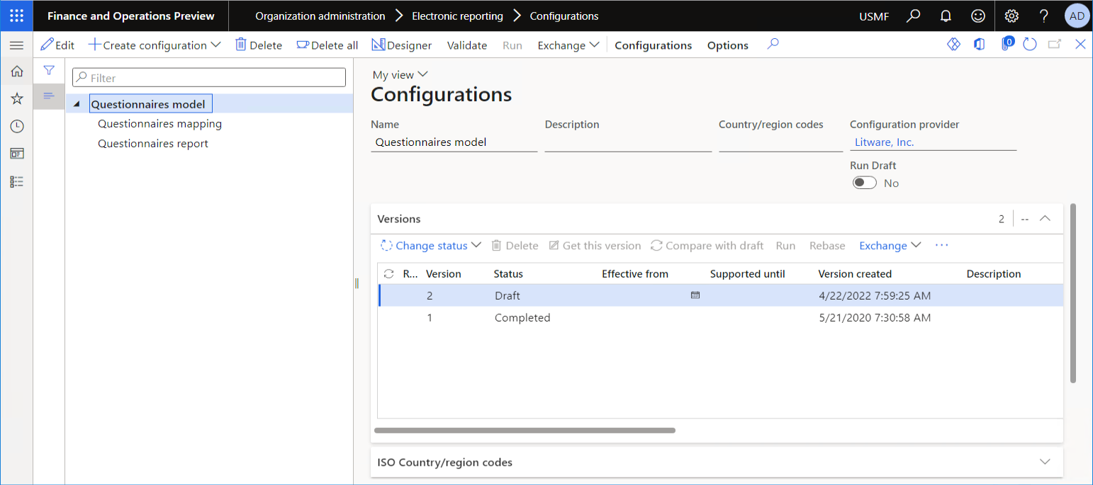 Esame dell'elenco delle configurazioni ER importate nella pagina Configurazioni.