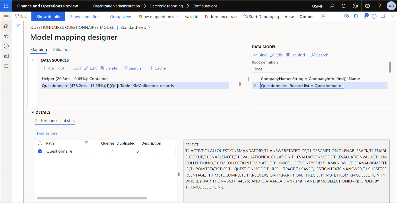 Revisione dei dettagli della query del database nella pagina Progettazione mapping di modello.