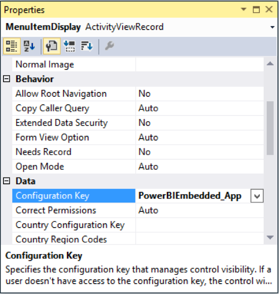 Link the menu item to the PowerBIEmbedded_App configuration key.