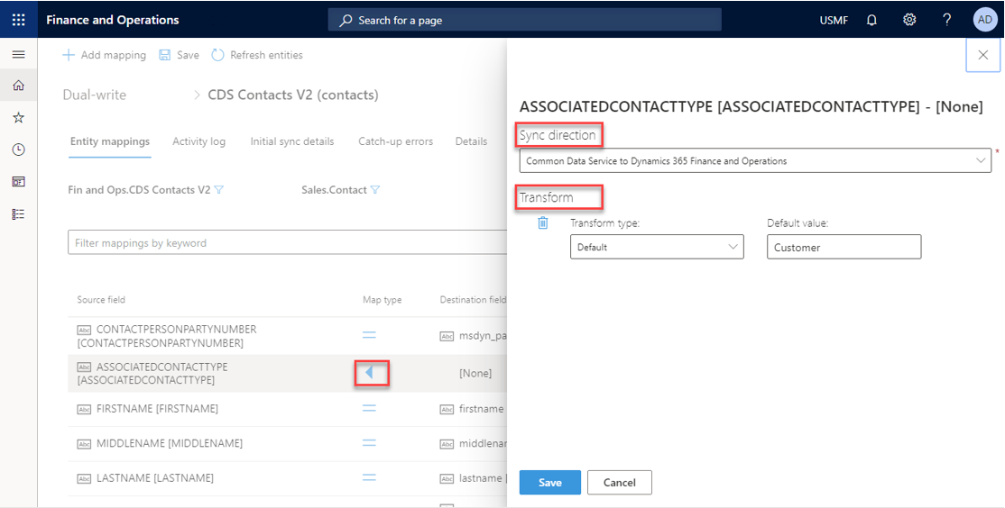 Customizing the synchronization direction and adding transforms.