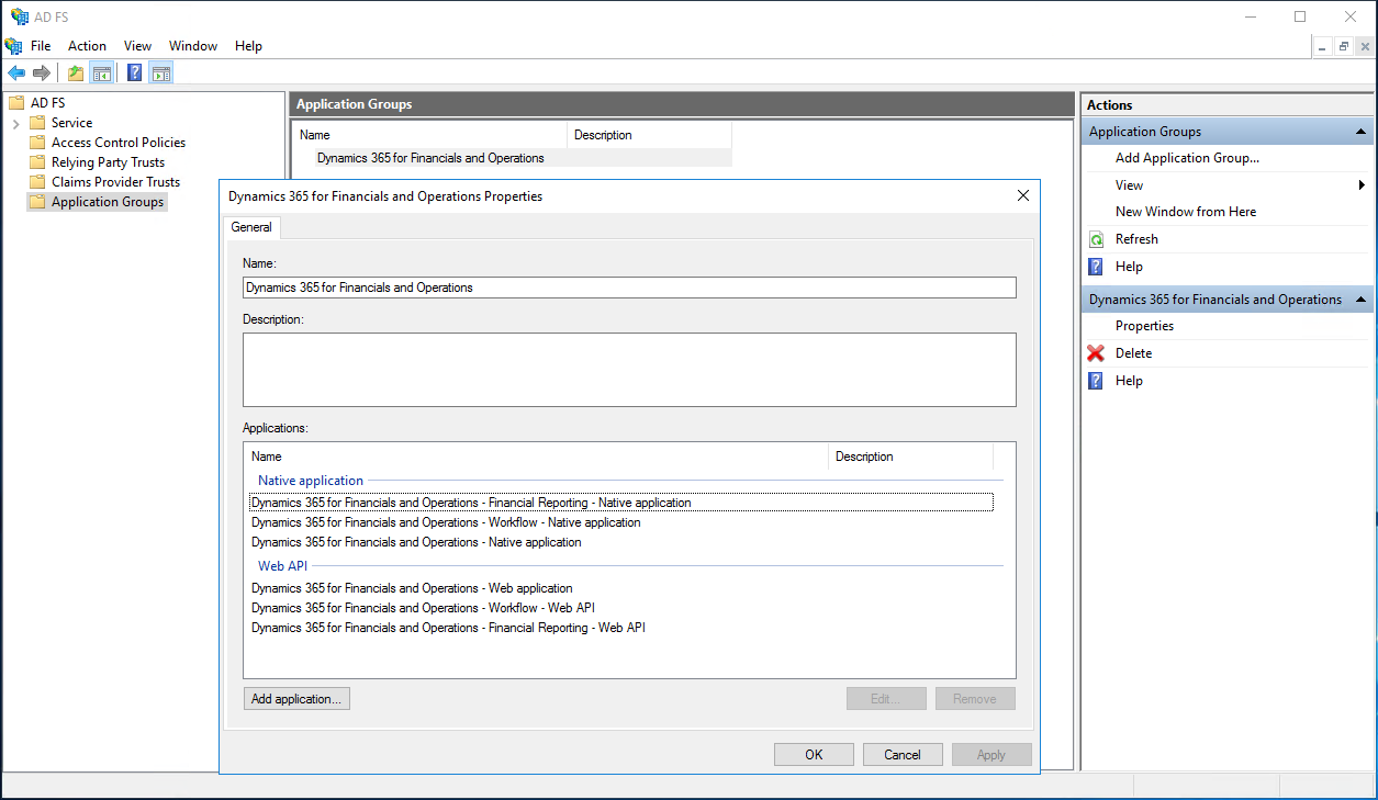 Application group properties.