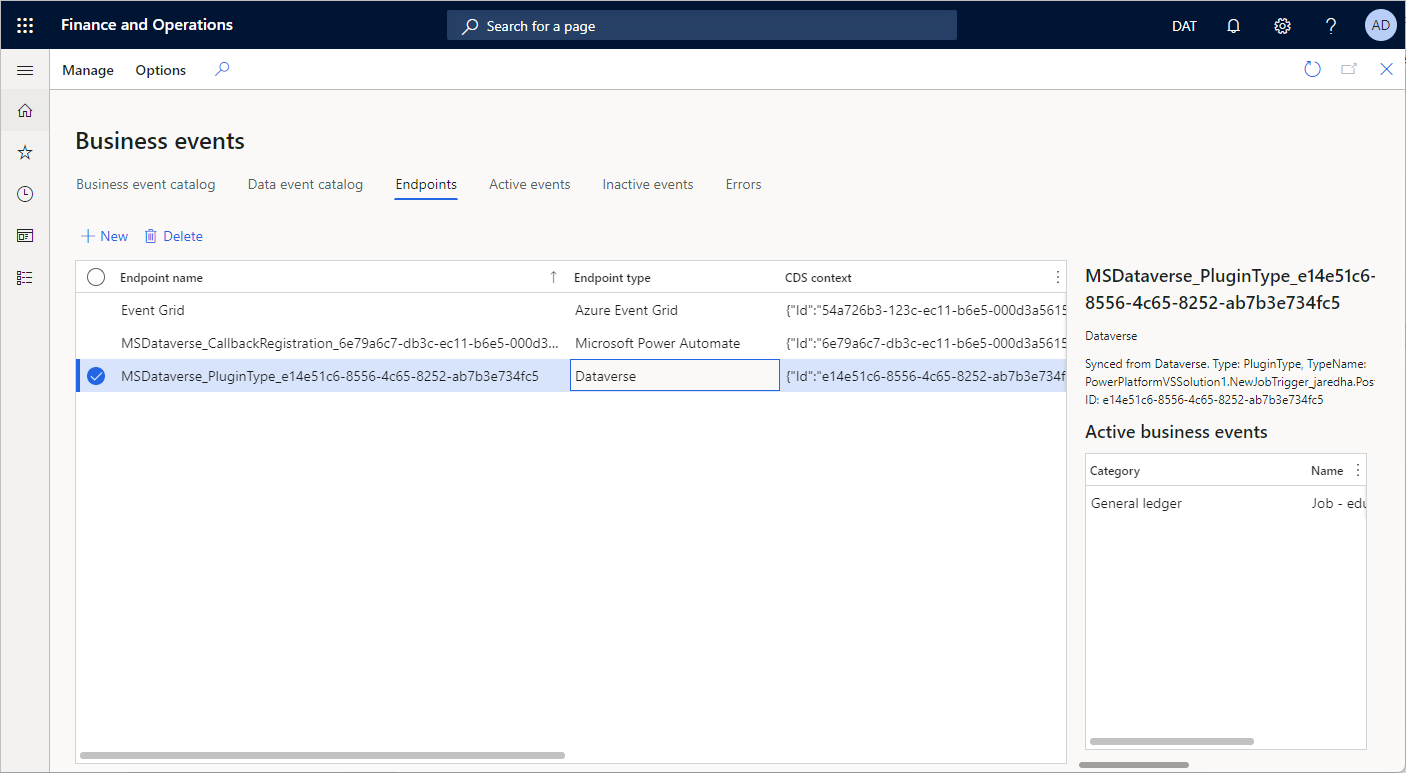 Endpoint of the Dataverse type on the Business events page in a finance and operations app.