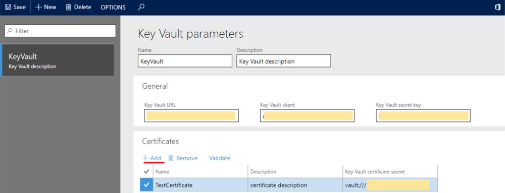 Pagina Parametri Key Vault.