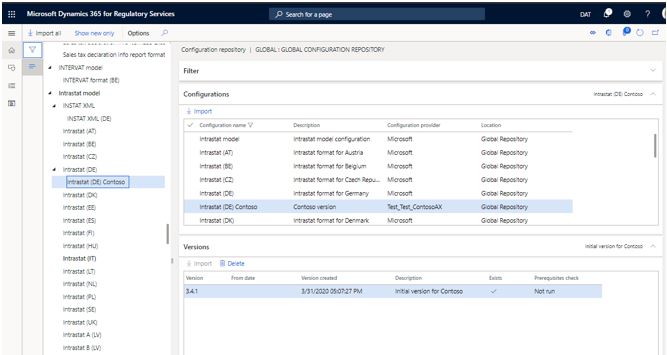 Versione di configurazione Contoso Intrastat derivata nel repository globale.