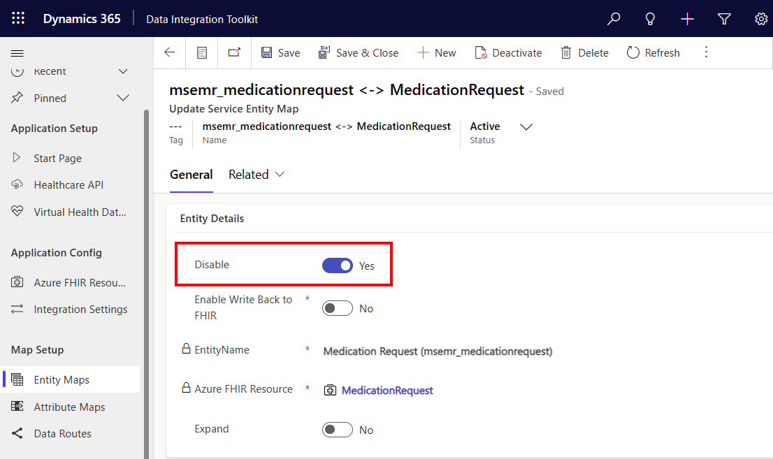Screenshot che mostra come disabilitare un mapping di entità.