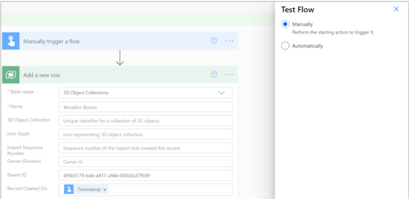 Riquadro di test del flusso in Power Automate.