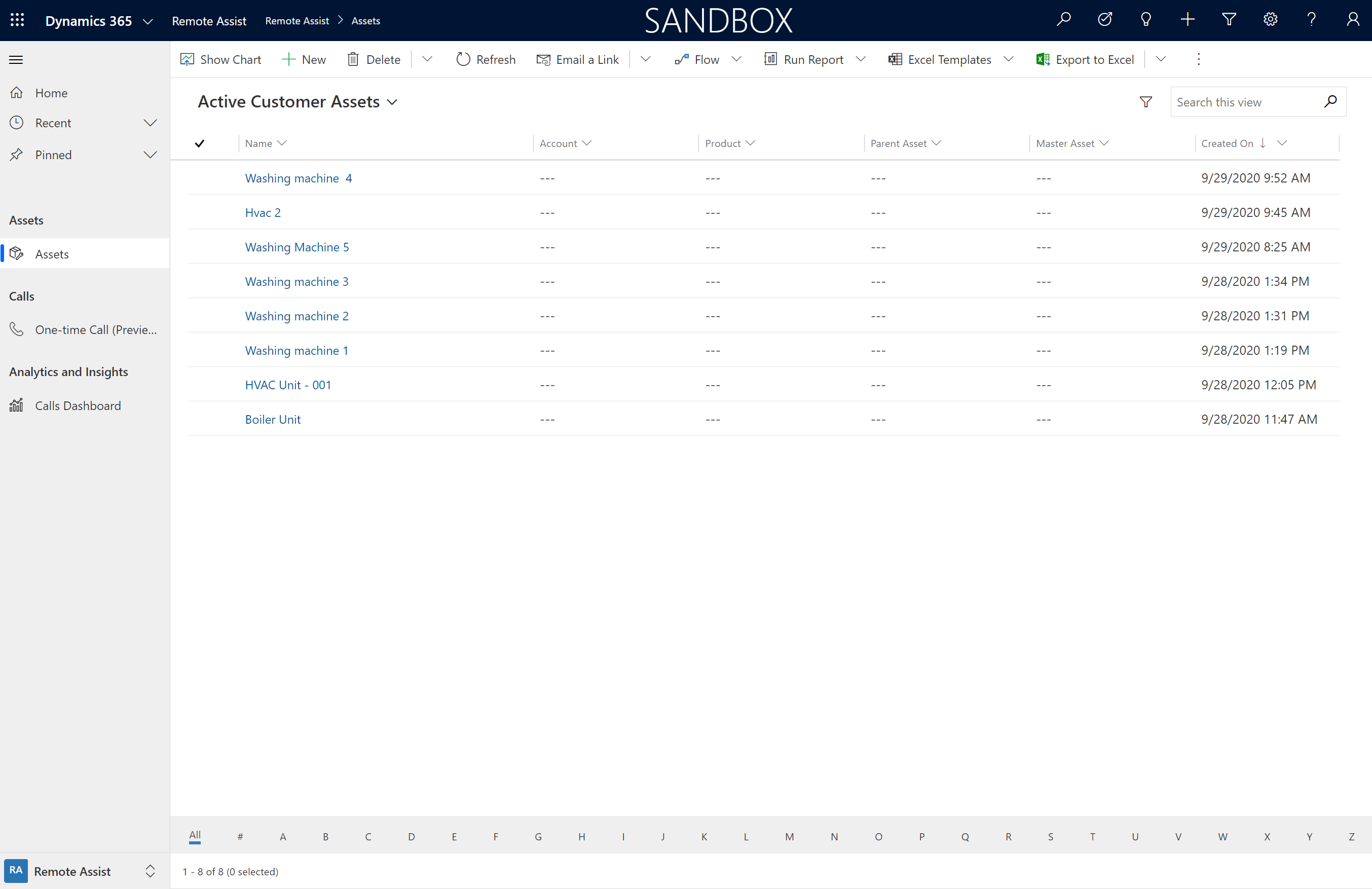 Screenshot dell'elenco di record di asset in Dynamics 365 Remote Assist.