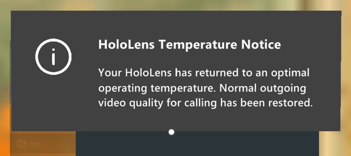 Screenshot del messaggio di HoloLens indicante che il video in uscita è stato ripristinato.