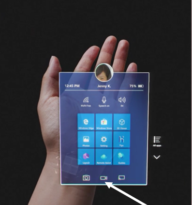 Screenshot del campo visivo di HoloLens con l'icona di video nel riquadro degli strumenti in basso.