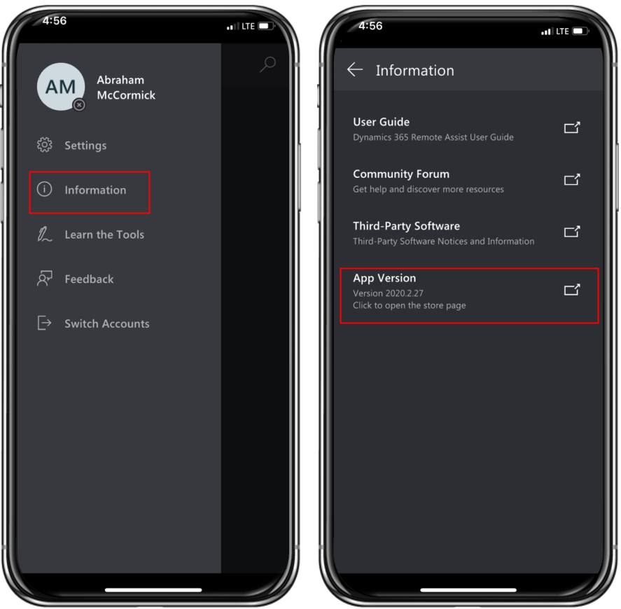 Screenshot di Dynamics 365 Remote Assist su un dispositivo mobile che mostra l'opzione Informazioni e la versione dell'app.