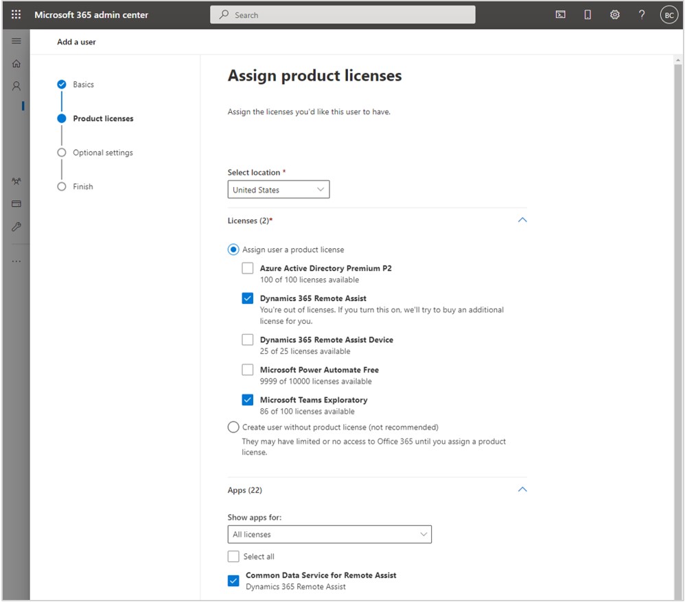 Screenshot che mostra le caselle di controllo Dynamics 365 Remote Assist e Microsoft Teams selezionate.