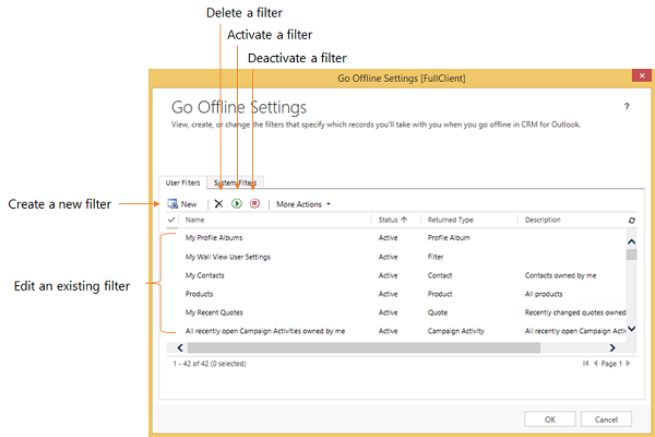 Impostazioni per attivare la modalità fuori rete in Dynamics 365 for Outlook.