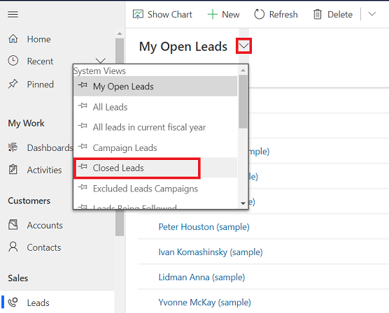 Mostra i lead chiusi in Dynamics 365 Sales.