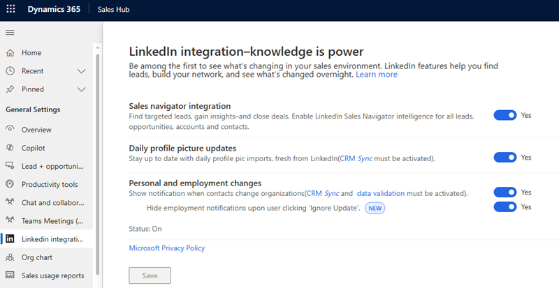 Screenshot dell'abilitazione delle opzioni di LinkedIn Sales Navigation.