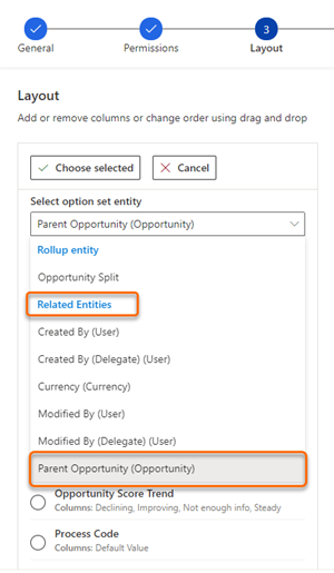 Selezionare l'entità opportunità padre dalle entità correlate.