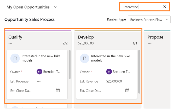 Utilizzare la casella di ricerca per filtrare i record nella visualizzazione kanban.