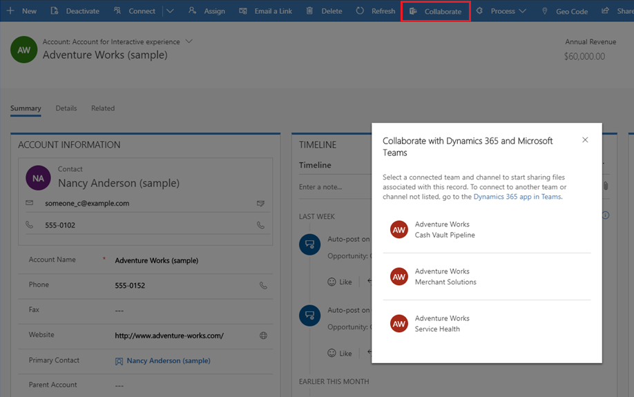 Dalle app Dynamics 365, apri una conversazione in Microsoft Teams.