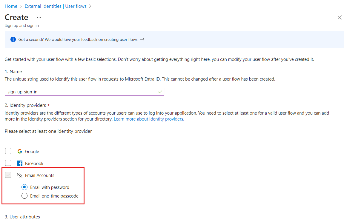 Screenshot delle opzioni del provider di identità nella pagina Crea un flusso utente.