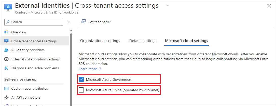 Screenshot che mostra le impostazioni del cloud Microsoft.