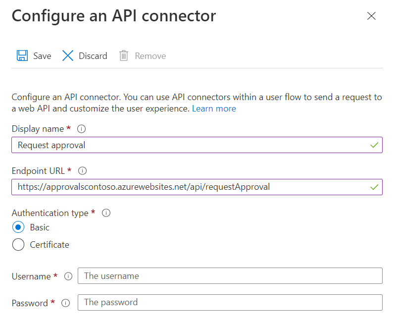 Screenshot della configurazione del connettore API di approvazione della richiesta.