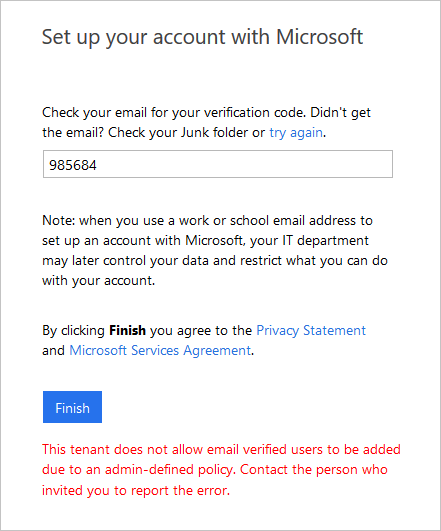 Screenshot dell'errore che informa che il tenant non consente utenti verificati tramite e-mail.