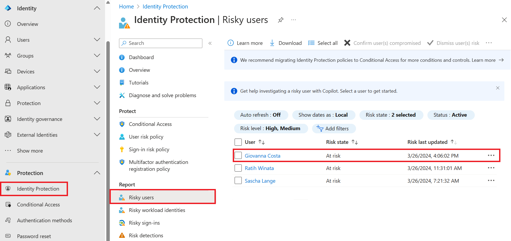 Screenshot che mostra il report utenti a rischio ID Protection.