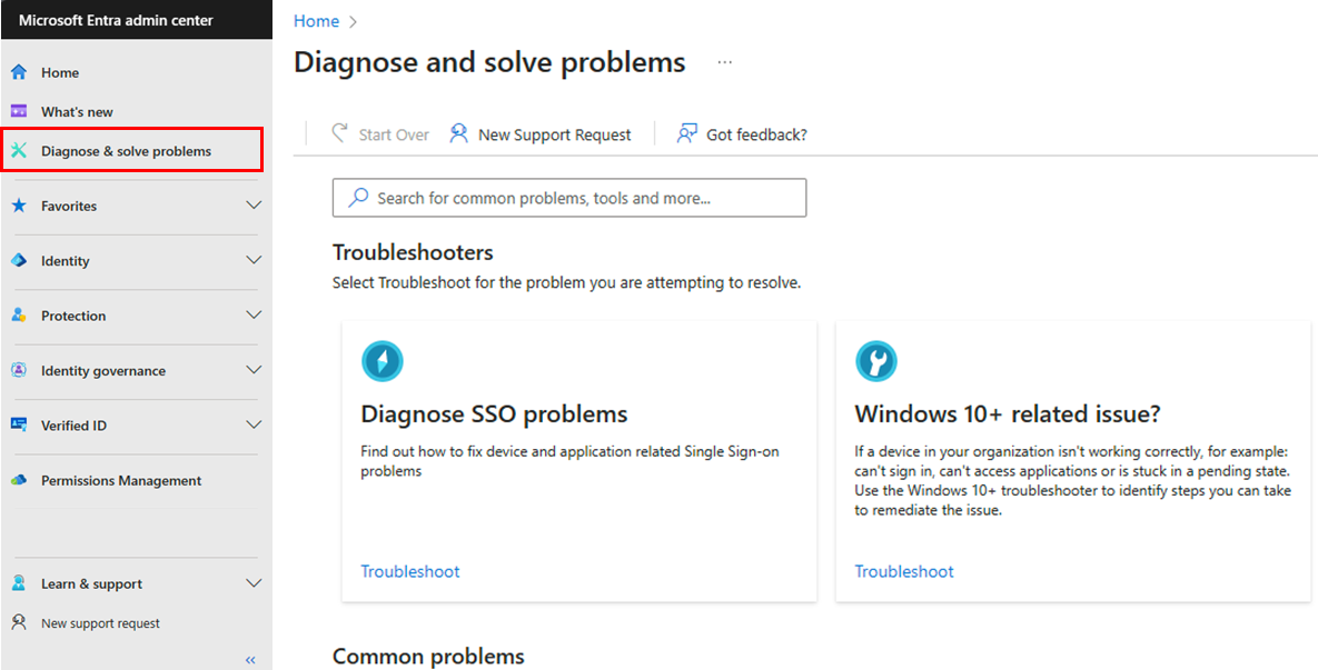 Screenshot del menu di diagnostica e risoluzione dei problemi dell'interfaccia di amministrazione di Microsoft Entra.