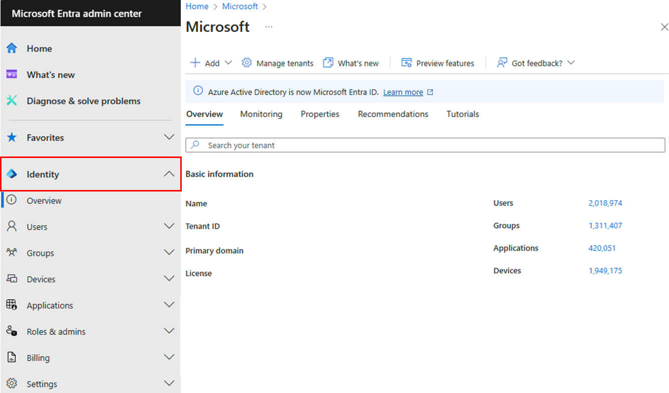 Screenshot del menu Identità dell'interfaccia di amministrazione di Microsoft Entra.