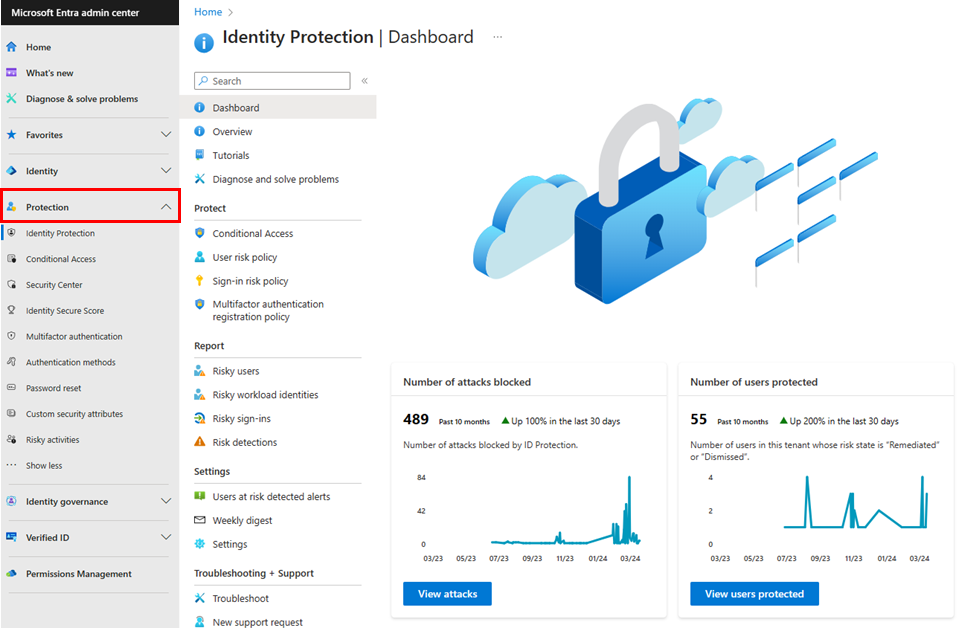 Screenshot del menu Protezione dell'interfaccia di amministrazione di Microsoft Entra.