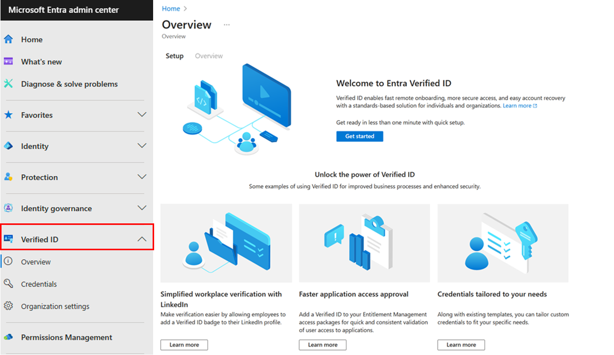 Screenshot del menu dell'interfaccia di amministrazione di Microsoft Entra Verified ID.