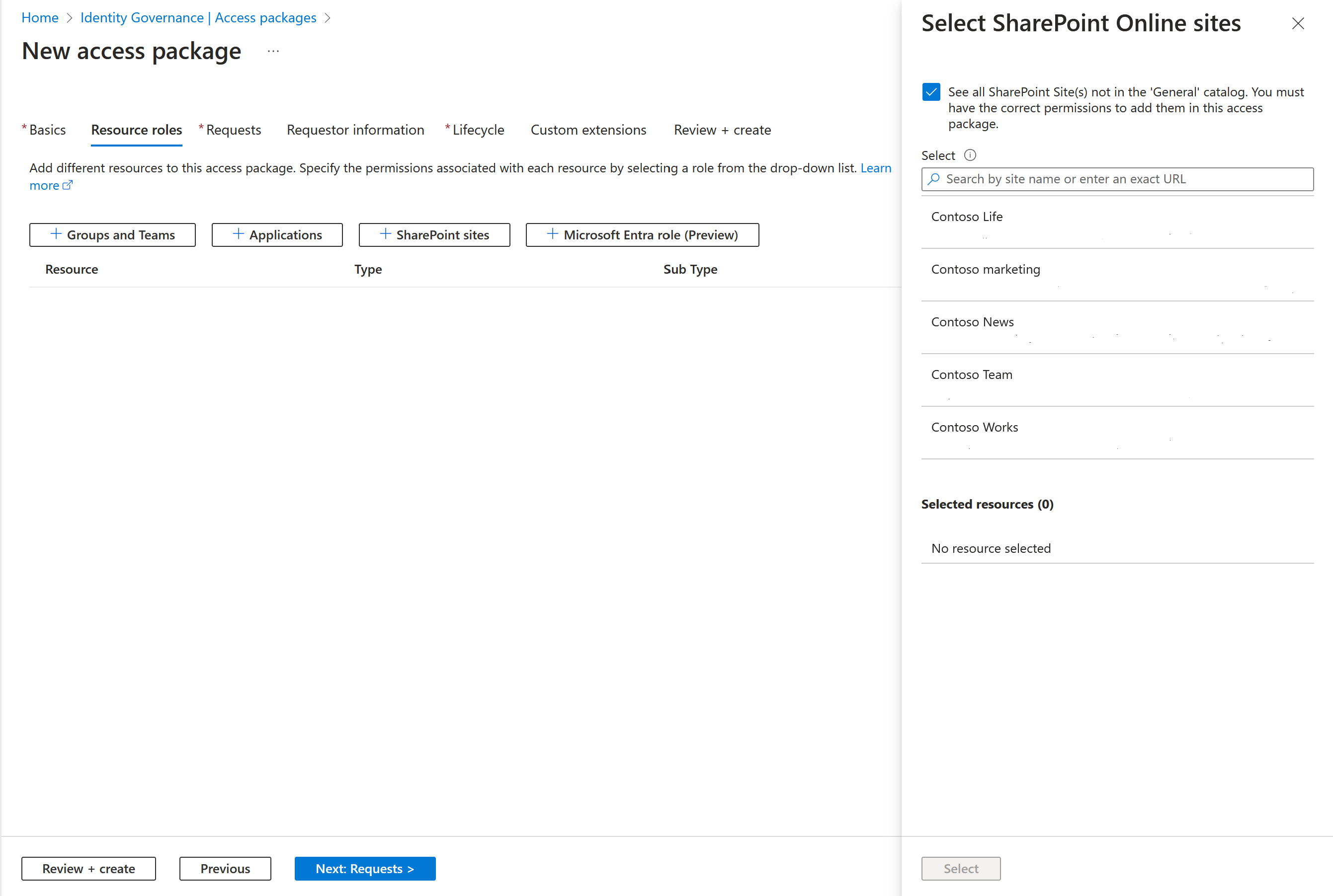 Pacchetto di accesso - Aggiunta di ruoli risorsa - Selezione dei siti di SharePoint - Visualizzazione del portale