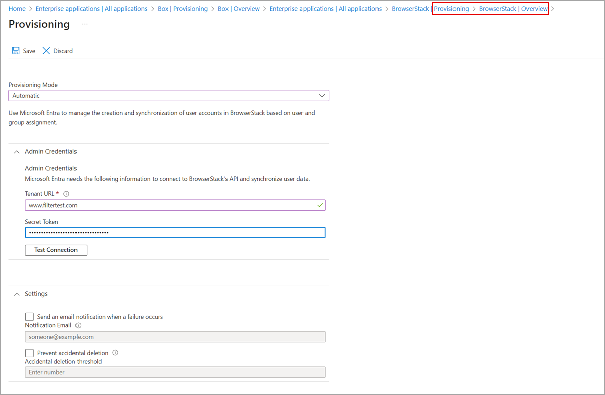 Schermata Provisioning per la gestione delle impostazioni di provisioning degli account utente