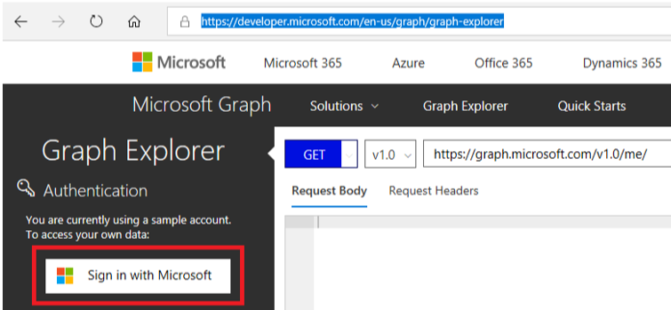 Screenshot dell'accesso a Microsoft Graph explorer.