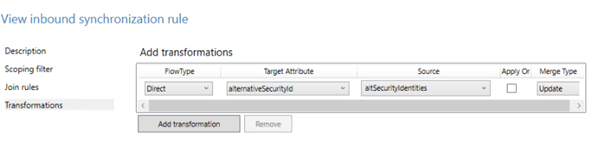 Screenshot di come trasformare da altSecurityIdentities all'attributo alternateSecurityId.