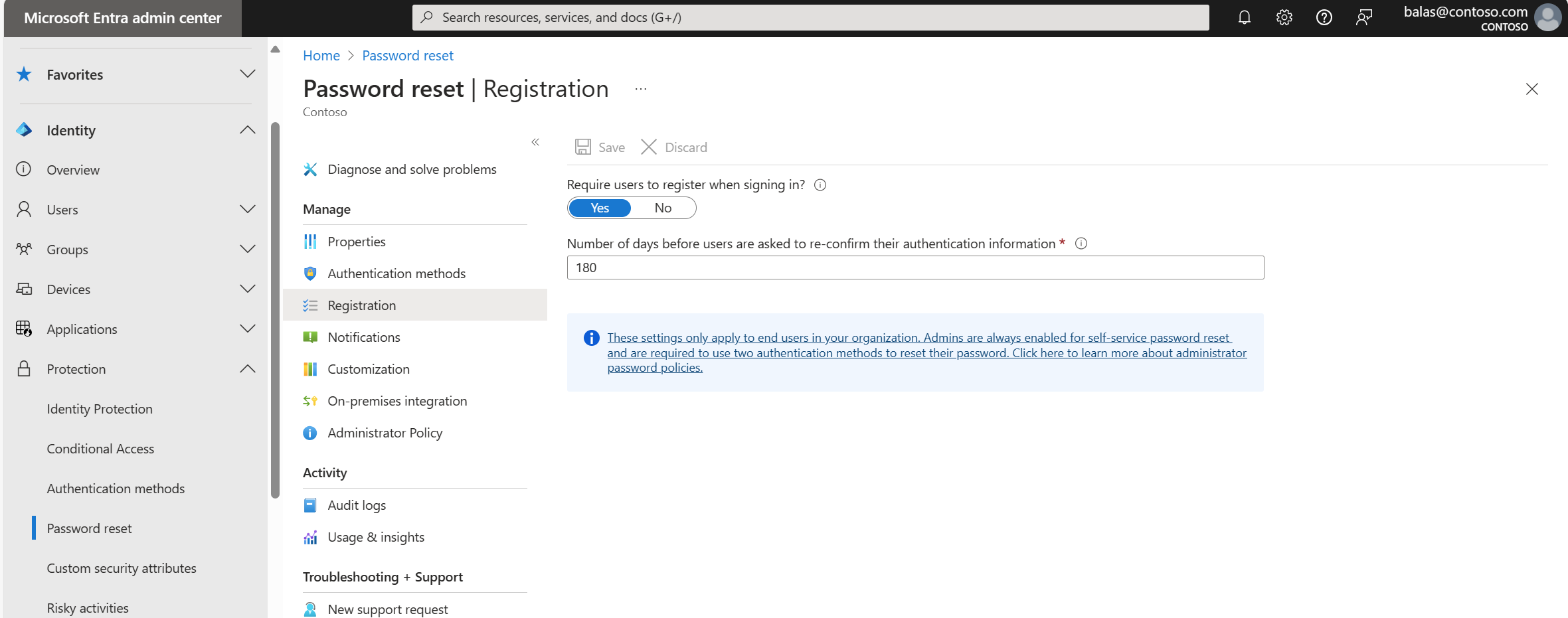 Screenshot della registrazione della reimpostazione della password per Microsoft Entra ID.