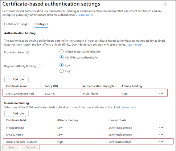 Screenshot dell'autorità di certificazione e del numero di serie aggiunti all'interfaccia di amministrazione di Microsoft Entra.