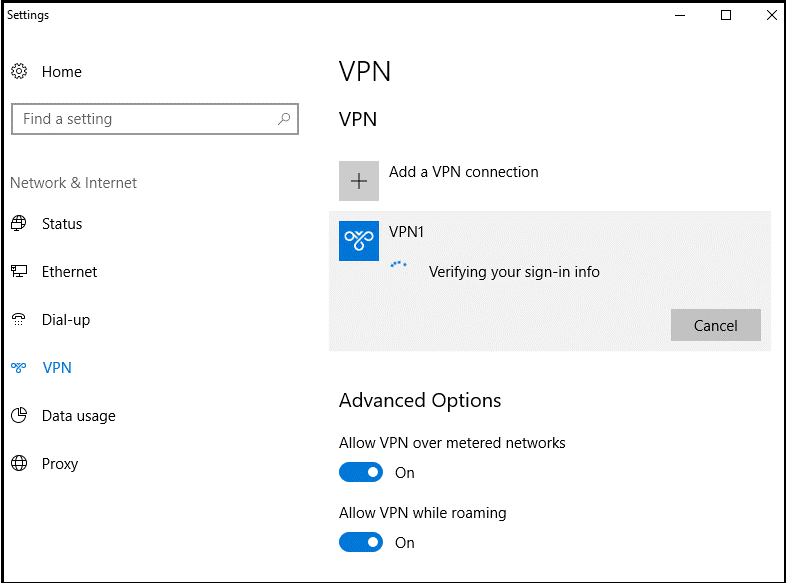 Finestra delle Impostazioni VPN di Windows