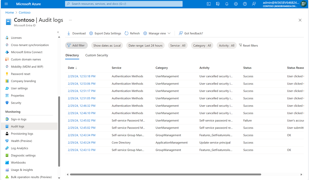 Interfaccia dei log di controllo di Microsoft Entra che mostra gli eventi di registrazione