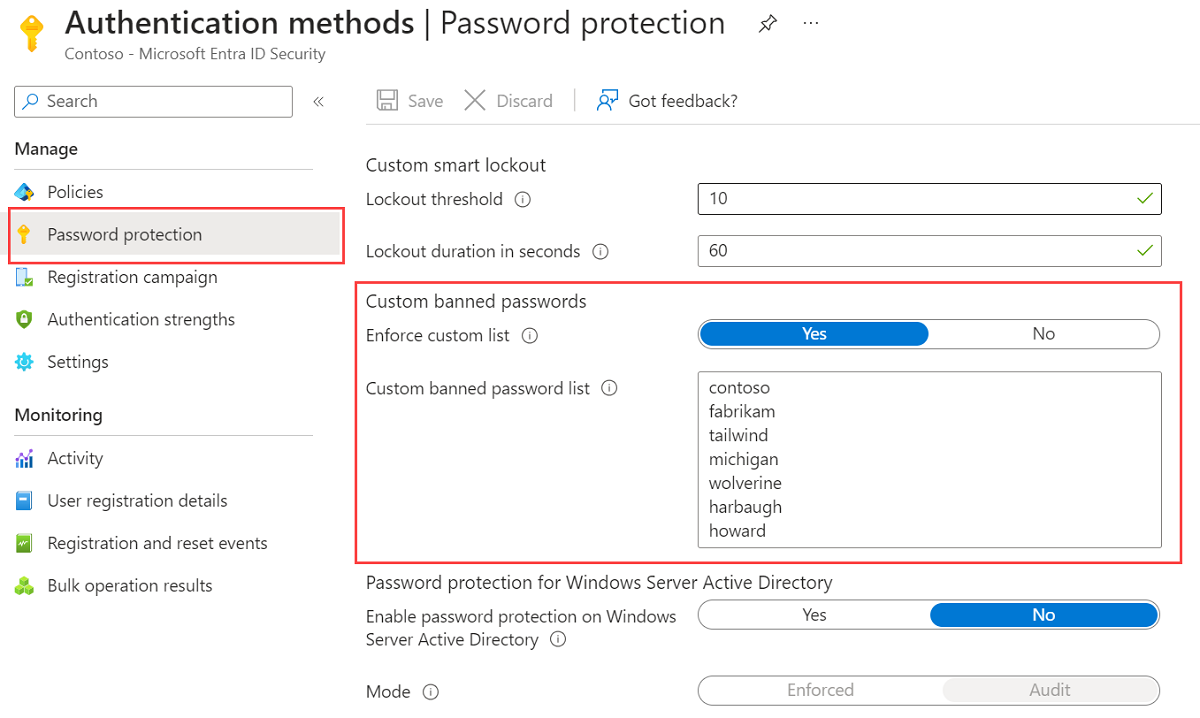 Modificare l'elenco personalizzato di password vietate nella sezione Metodi di autenticazione