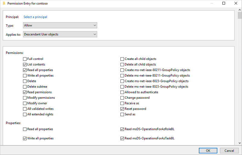 Impostare le autorizzazioni appropriate per gli utenti e i computer di Active Directory per l'account usato da Microsoft Entra Connect