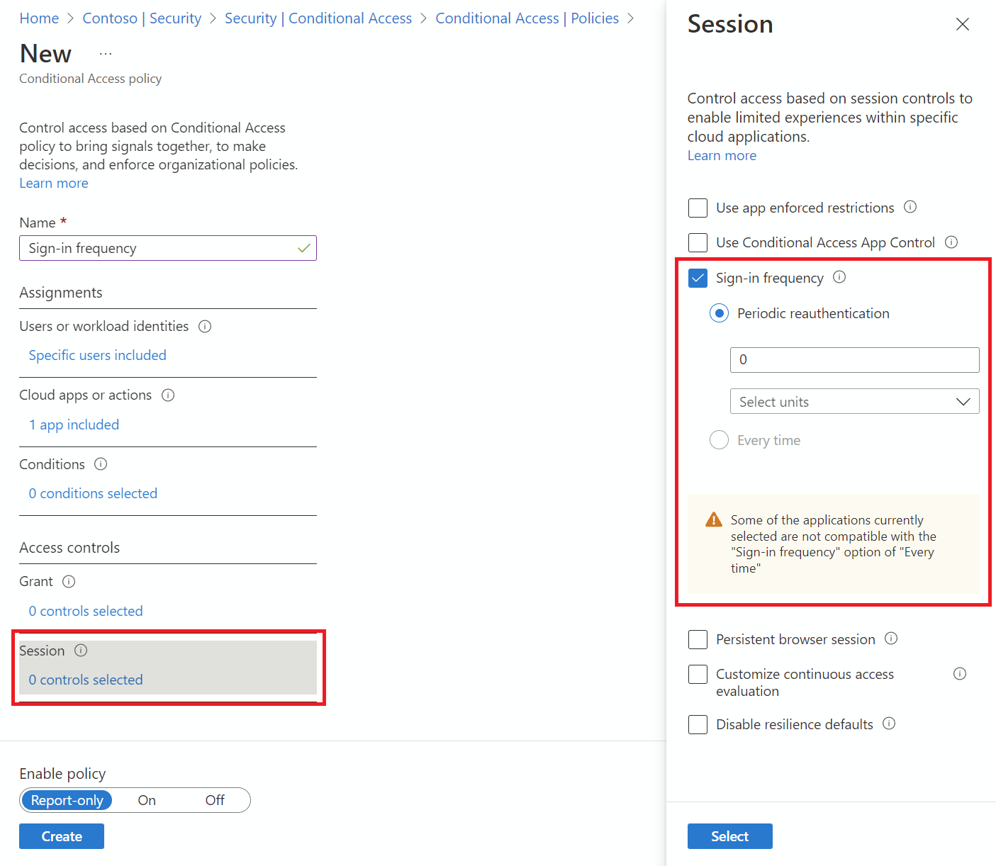 Screenshot che mostra un criterio di accesso condizionale configurato per la frequenza di accesso.