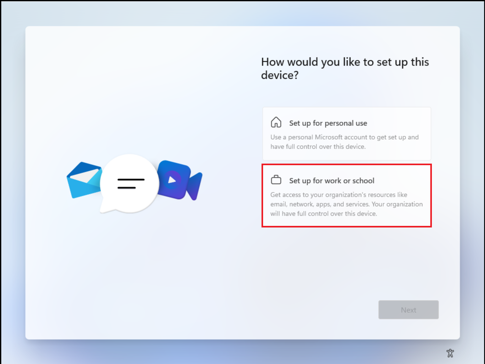 Screenshot della configurazione guidata di Windows 11 che mostra l'opzione di configurazione per l'azienda o l'istituto di istruzione.