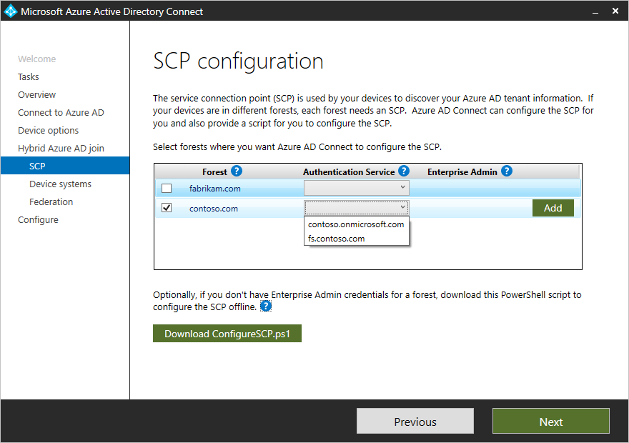 Screenshot che mostra Microsoft Entra Connect e le opzioni per la configurazione di SCP in un dominio federato.