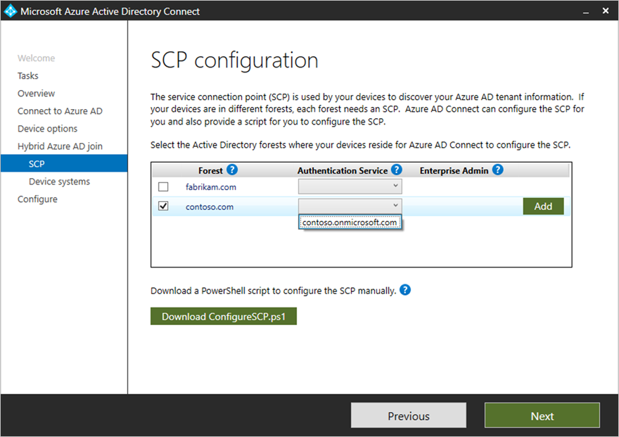 Screenshot che mostra Microsoft Entra Connect e le opzioni per la configurazione SCP in un dominio gestito.