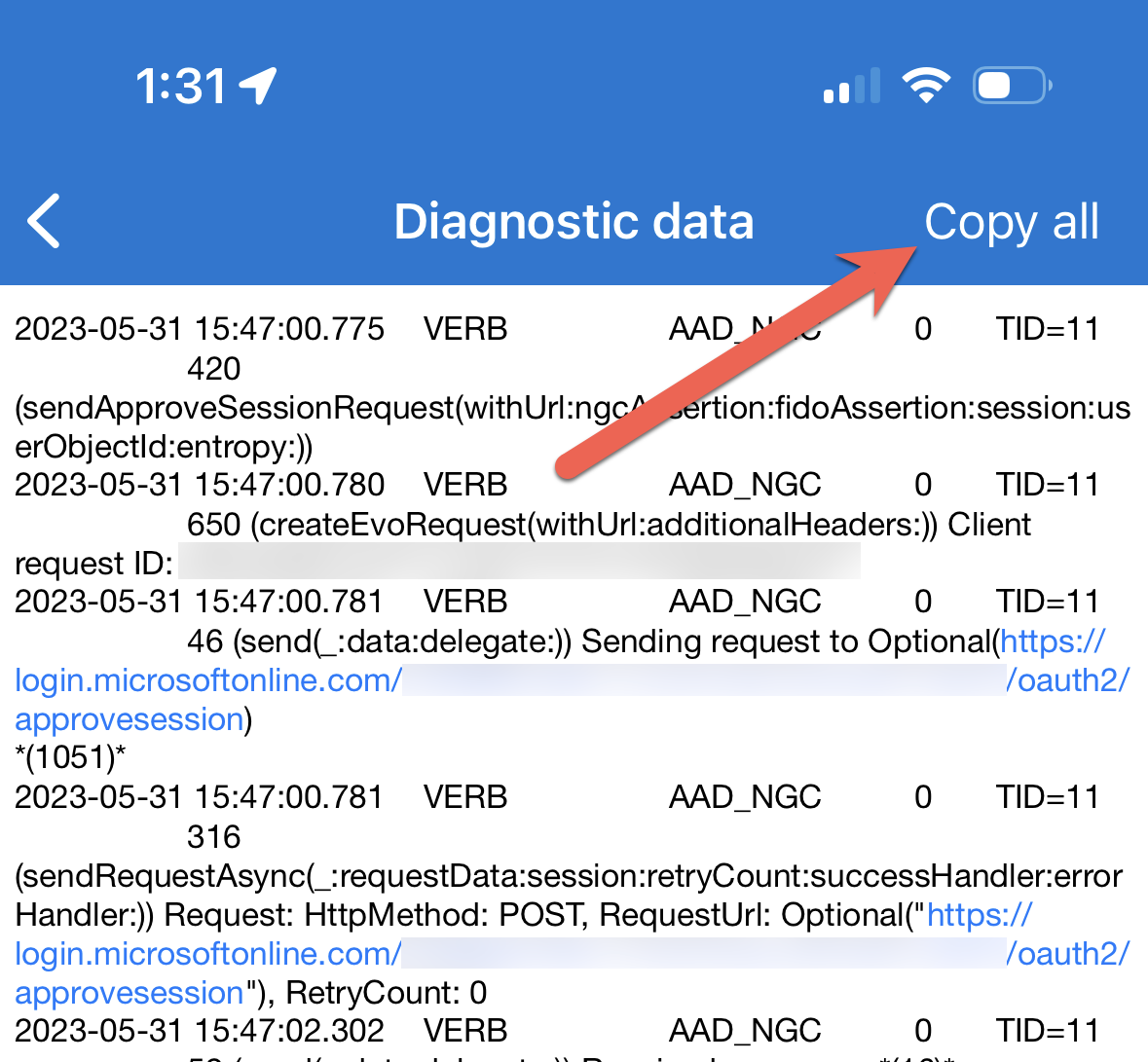 Screenshot che mostra l'opzione Copia tutti i log nell'app Microsoft Authenticator.