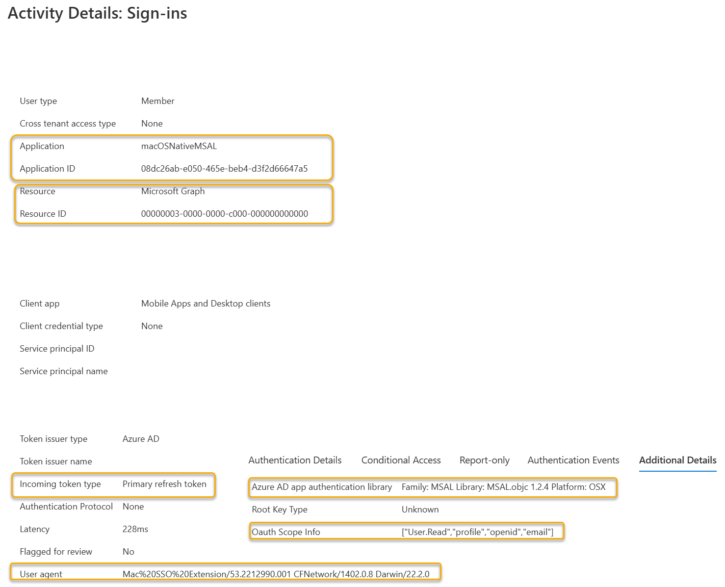 Screenshot che mostra come l'estensione SSO usa il token di aggiornamento primario per acquisire un token di accesso per Microsoft Graph.